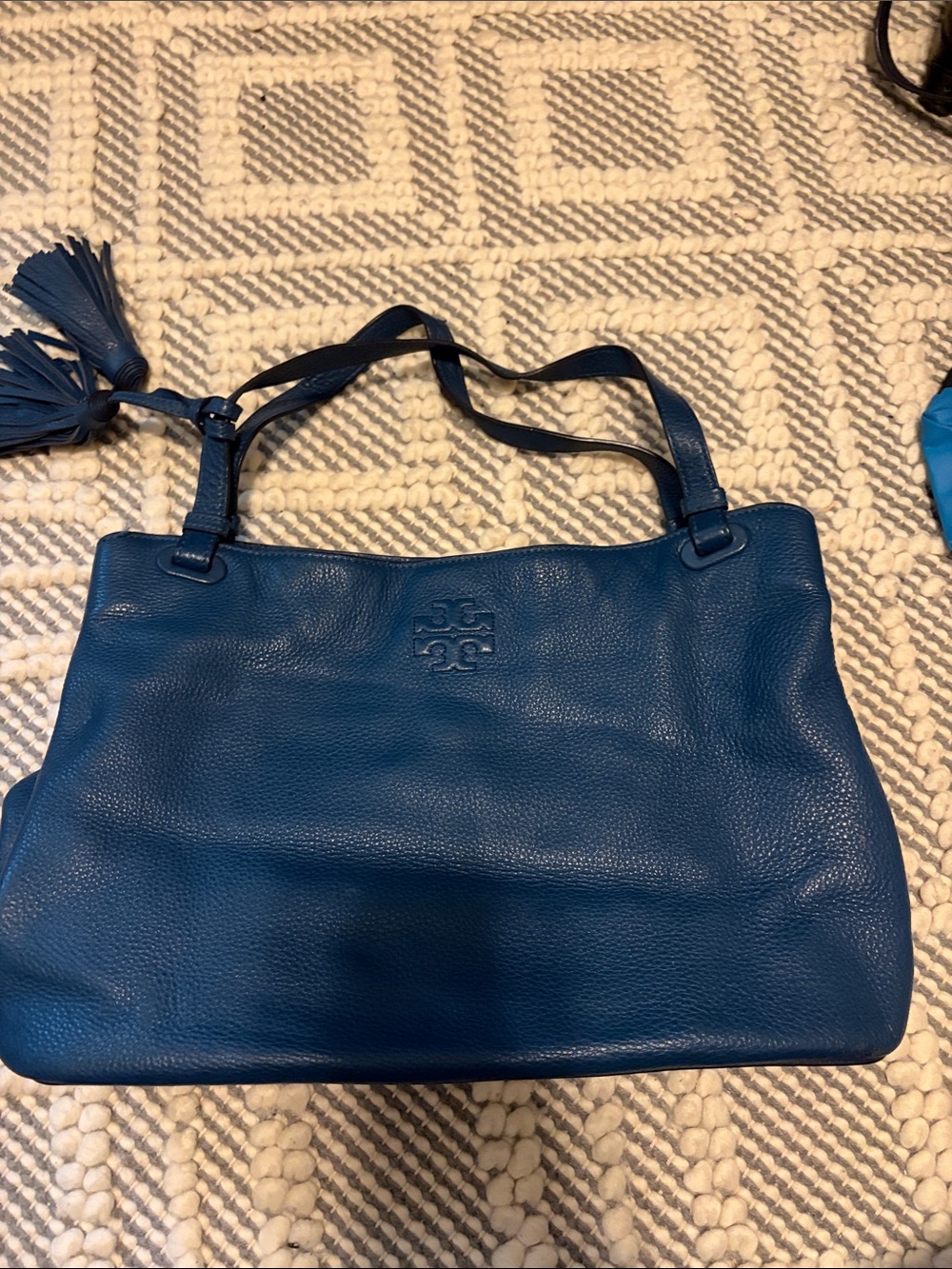Tory Burch Teal Leather Shoulder Tote with Tassel